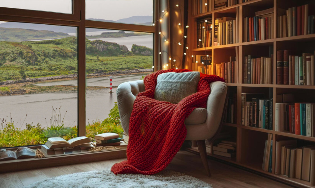 a library with a full wall of windows which show you the Isle of Kerrera across from Dunollie Keep.